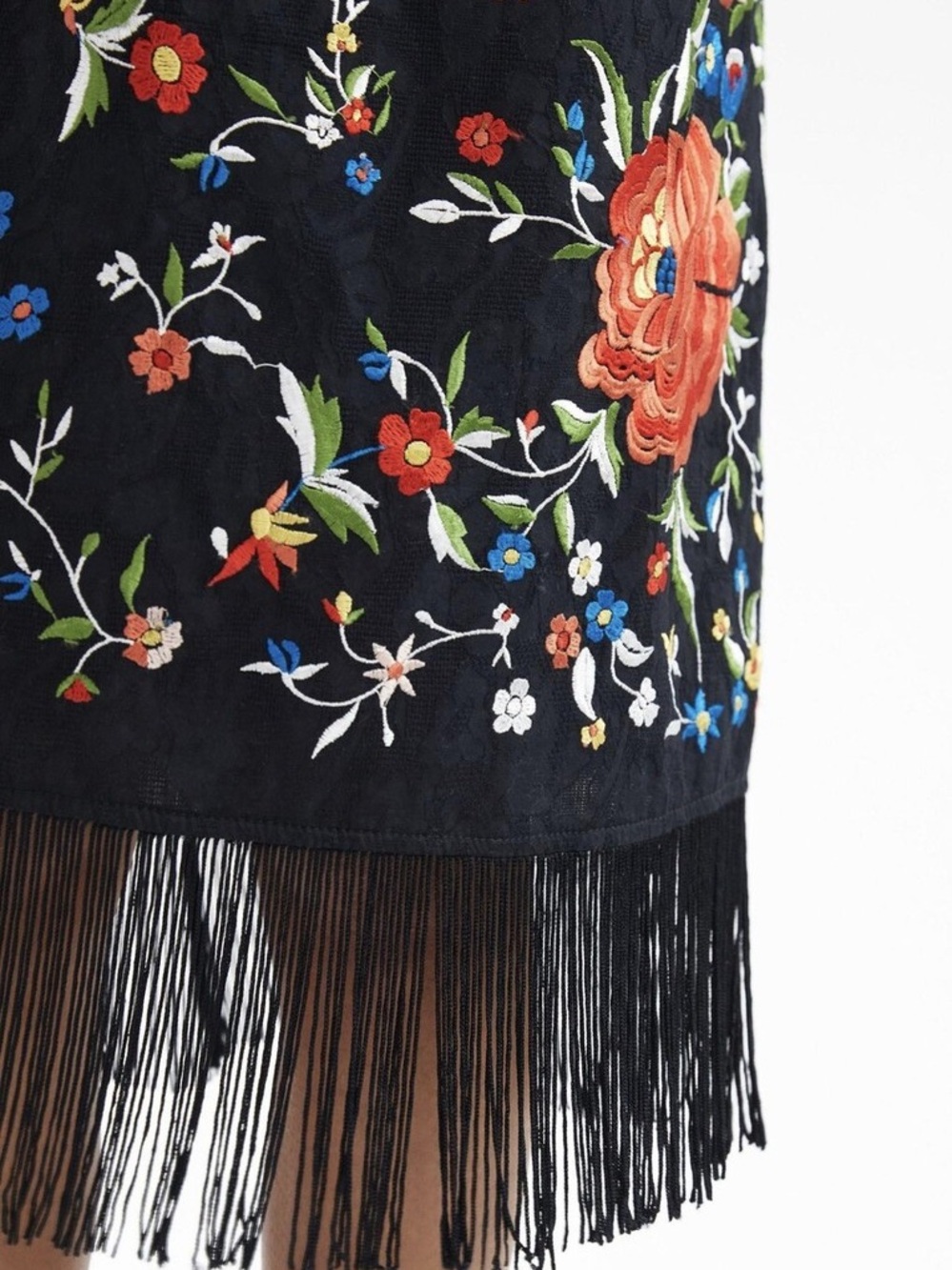 Anthropologie Black Embroidered Floral Midi Dress with Fringe Hem 6 - Picture 6 of 6